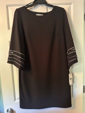 Sandra Darren Black Shift Dress with Silver Sleeve Stripes